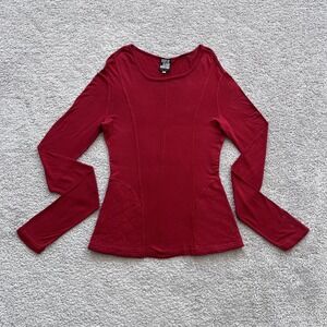 State Of Claude Montana Quilted Stretch Shirt Womens M Red Scoop Neck Top